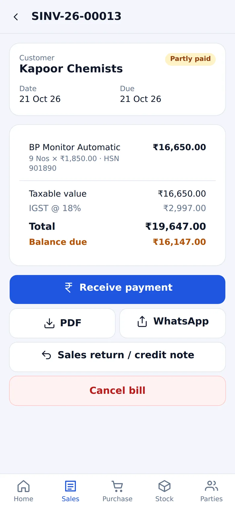 After the bill screen of the WebSoftOS mobile app