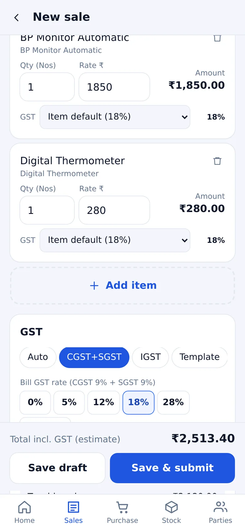 Billing with flexible GST screen of the WebSoftOS mobile app