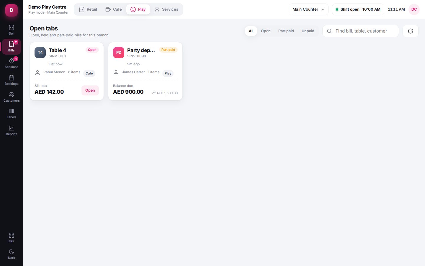 Open tabs screen of the Play Center POS