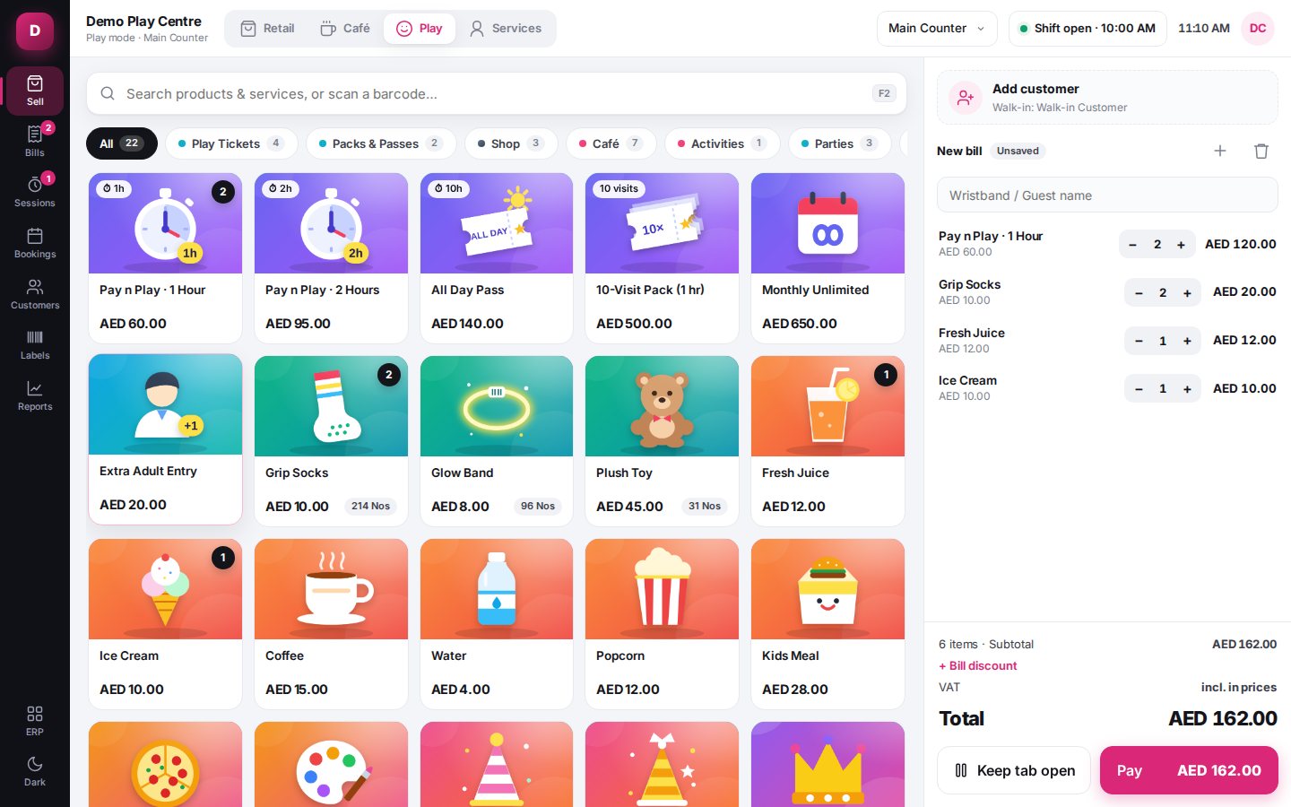 Play Center POS sell screen with play tickets, packs, café items and a bill
