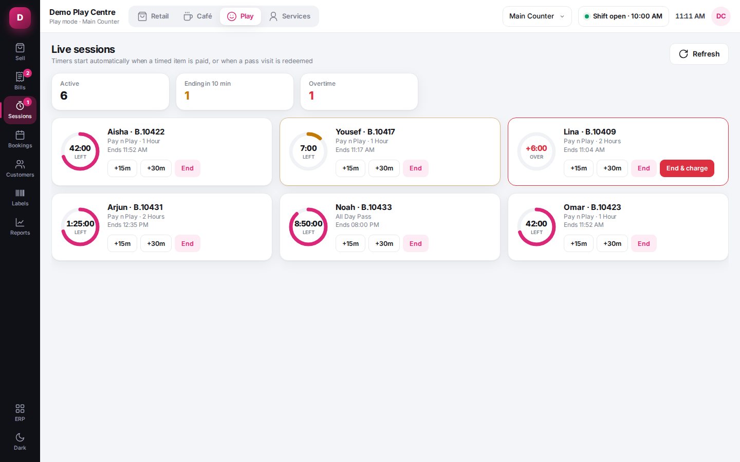 Live timers screen of the Play Center POS